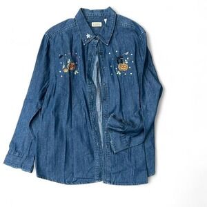 Blue denim button-up shirt with embroidered‎ pumpkin Halloween design size 12